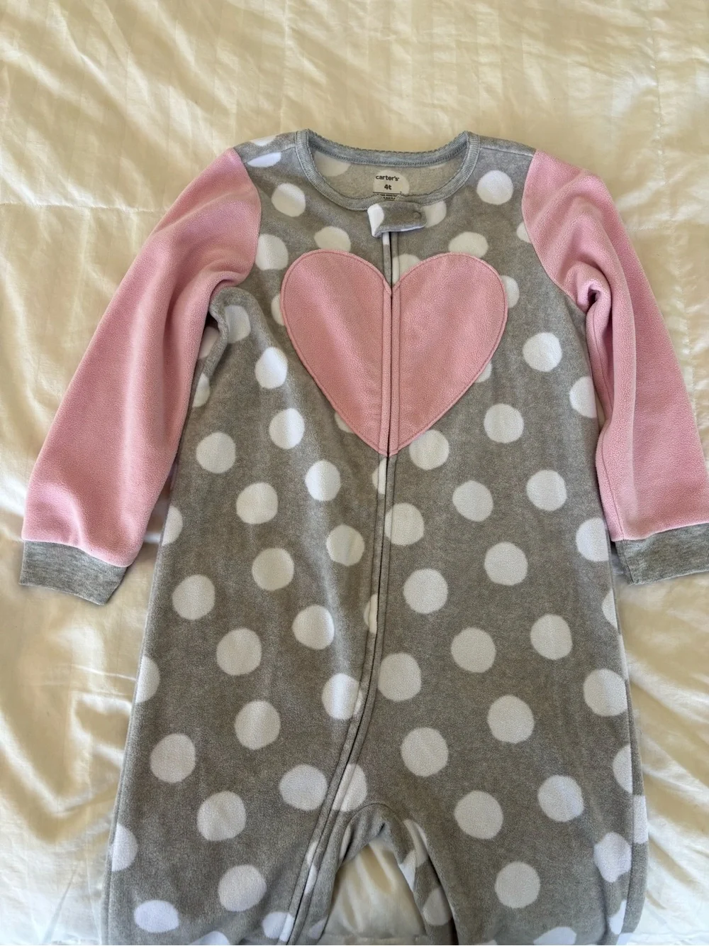 Carter’s Girls 4T Fleece Full Zip Sleeper Pajamas Polka Dot Heart Gray